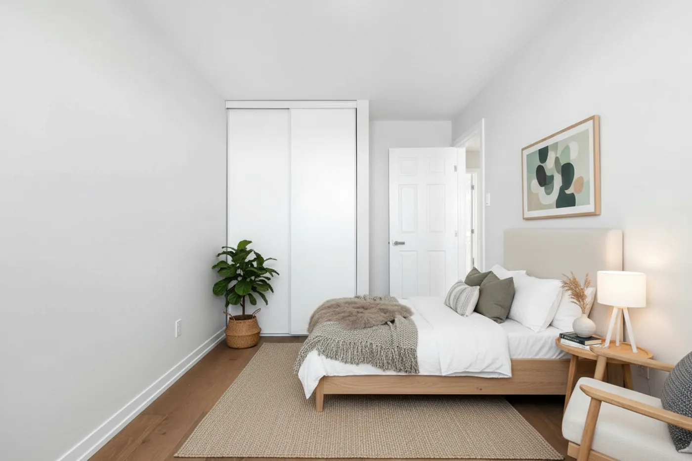Même chambre meublée d'un lit et d'un tapis après staging virtuel