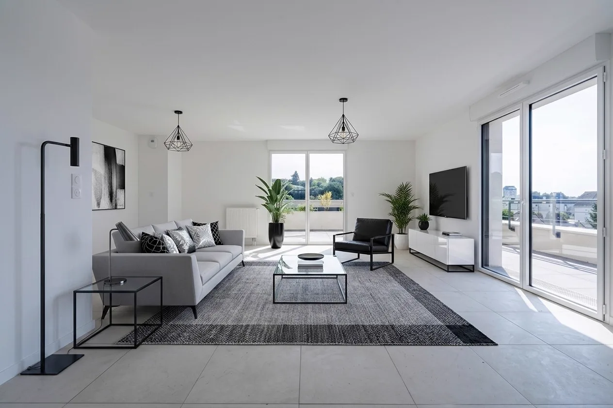 Même séjour meublé d'un canapé et d'un tapis après staging virtuel StagingVision